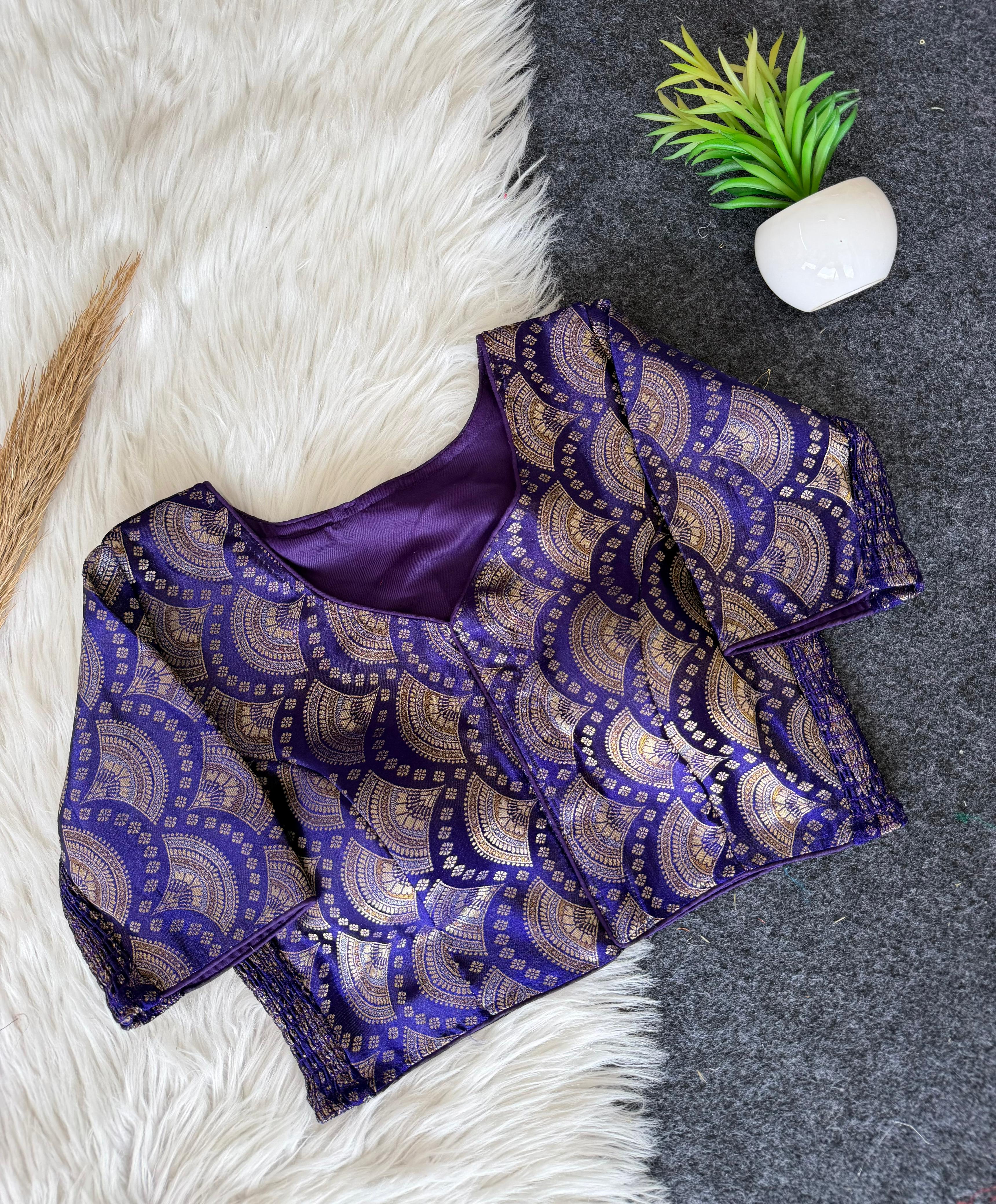 Side Elastic Banarasi Blouse - Purple / Violet